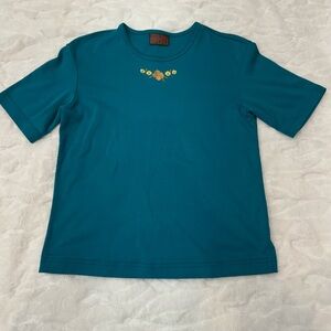 Vintage Teal Jaclyn Smith Short Sleeve T-Shirt with Floral Embroidery